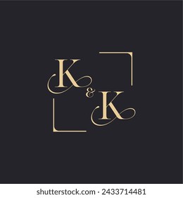 KK simple concept of wedding outline logo and square of initial design gold in white background