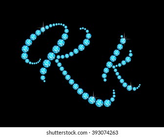 Kk in stunning Aquamarine Script precious round jewels, isolated on black. Vector EPS-10 file, transparency used. 