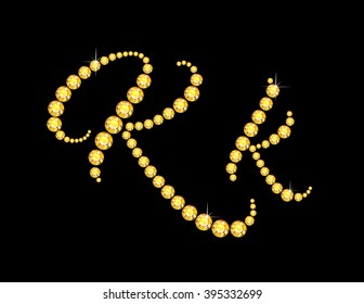 Kk in stunning Citrine Script precious round jewels, isolated on black. Vector EPS-10 file, transparency used. 