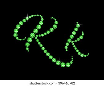 Kk in stunning Peridot Script precious round jewels, isolated on black. Vector EPS-10 file, transparency used. 