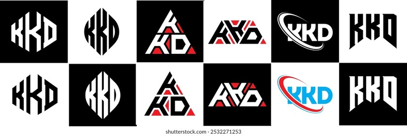 KKD letter logo design in six style. KKD polygon, circle, triangle, hexagon, flat and simple style with black and white color variation letter logo set in one artboard. KKD minimalist and classic logo