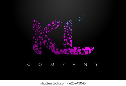 KL K L Letter Logo with Purple Blue Particles and Bubble Dots Design Vector.