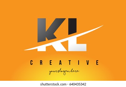 KL K L Letter Modern Logo Design with Swoosh Cutting the Middle Letters and Yellow Background.