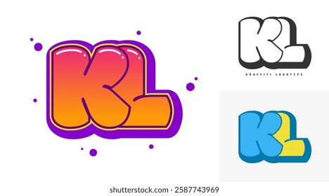 KL logo design for festival or party. Initial letter k and l in graffiti style. Creative modern lettering company name of font typography. Kids trendy logotype or identity. Vector illustration.