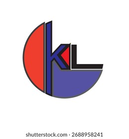 KL Monogram Circle Emblem Logo Vetor. Selo Lettermark em Camadas Globais com Formas Geométricas Vermelho e Azul para Dados, Tecnologia, Logística ou Identidade Corporativa Internacional.