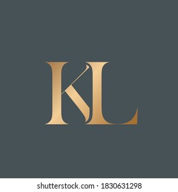KL monogram logo. Letter k and letter l typographic icon.Golden lettering sign.Serif uppercase alphabet initials isolated on dark fund.Modern,elegant,luxury style characters for company branding.