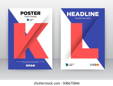 K,L, red ink diagonal triangular geometric shapes big alphabet cover graphic print letter layout in A4 size brochure flyer template design, roll up annual report stock vector, EPS 10, 2017, booklet