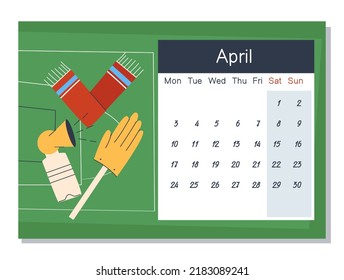 Klaxon, fan scarf and clapper hand. Football theme. for fans. April 2023 calendar. The week starts on Monday, weekends are highlighted. Stylish flat vector illustration. Eps10