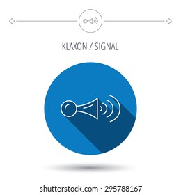 Klaxon signal icon. Car horn sign. Blue flat circle button. Linear icon with shadow. Vector
