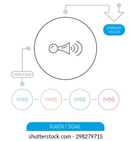 Klaxon signal icon. Car horn sign. Line circle buttons. Download arrow symbol. Vector