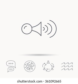 Klaxon signal icon. Car horn sign. Global connect network, ocean wave and chat dialog icons. Teamwork symbol.