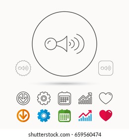 Klaxon signal icon. Car horn sign. Calendar, Graph chart and Cogwheel signs. Download and Heart love linear web icons. Vector