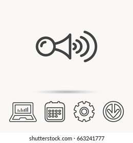 Klaxon signal icon. Car horn sign. Notebook, Calendar and Cogwheel signs. Download arrow web icon. Vector