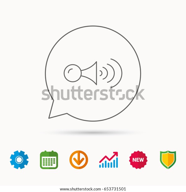 Klaxon
signal icon. Car horn sign. Calendar, Graph chart and Cogwheel
signs. Download and Shield web icons.
Vector