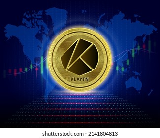 Moneda de Klaytn (KLAY). Ilustración vectorial 3D. Cryptocurrency blockchain (divisa criptográfica) Futura tecnología de reemplazo digital. El gráfico plateado de crecimiento virtual de la moneda es un antecedente.
