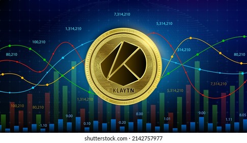 Klaytn (KLAY)  coin Cryptocurrency blockchain. Future digital currency replacement technology alternative currency, Silver golden stock chart number up down is background. 3D Vector illustration.