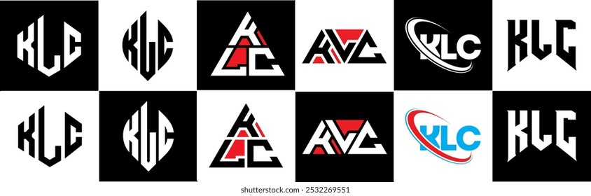 KLC letter logo design in six style. KLC polygon, circle, triangle, hexagon, flat and simple style with black and white color variation letter logo set in one artboard. KLC minimalist and classic logo