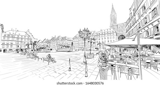 Kleber Square. Strasbourg. France. Hand drawn sketch. Vector illustration.