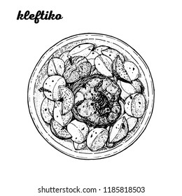 Kleftiko hand drawn vector illustration. Greek cuisine. Linear graphic. Food sketch.