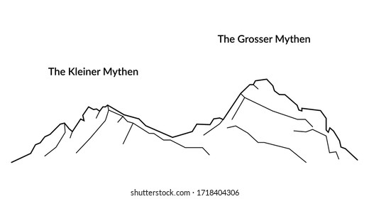 The Kleiner Mythen and The Grosser Mythen mounts. Schwyzer Alps, Central Switzerland. Mountains. Vector black and white line illustration. Contour line mount. Print design. Hiking, climbing. 