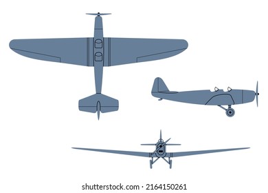 Klemm KL-25 Training Plane 1929. Oben, Seite, Draufsicht. Vintage-Flugzeug. Vektorclip-Kunst einzeln auf Weiß.