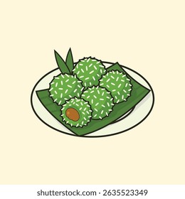 Klepon is an Indonesian traditional sticky rice ball filled with palm sugar and coated with coconut.