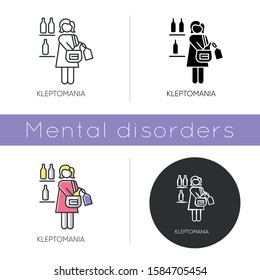 Kleptomania icon. Woman stealing alcohol. Substance abuse. Obsessive-compulsive spectrum. Mental disorder. Person hiding beverage. Flat design, linear and color styles. Isolated vector illustrations