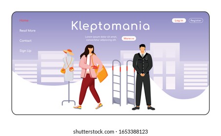 Kleptomania Landing Page flache Vektorillustration Vorlage. Ladendiebstahl. Diebstahl speichern. Kriminalität. Homepage-Layout. Eine Seite Website-Schnittstelle mit Cartoon-Charakter. Webbanner, Webseite