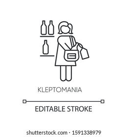 Kleptomania linear icon. Woman steal alcohol. Substance abuse. Obsessive-compulsive spectrum. Mental disorder. Thin line illustration. Contour symbol. Vector isolated outline drawing. Editable stroke