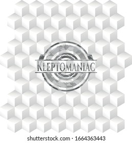 Kleptomaniac retro style grey emblem with geometric cube white background