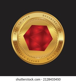 Logo de Kleros PNK criptodivisa en moneda de oro en color rojo.