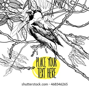 

Klest bird on a branch . The leaves of trees . Autumn leaves.