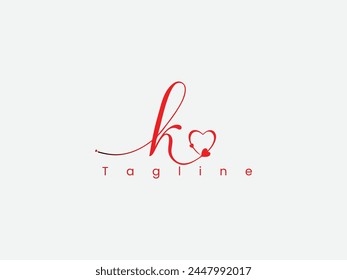 K-letter logo design with love. Signature k logo. Handwritten. K letter with love. premium. Red. Love. Couple. Script. Font. Modern.