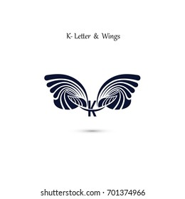 K-letter sign and angel wings.Monogram wing vector logo template.Classic emblem.Elegant dynamic alphabet letters with wings.Creative design element.Flat web design wings icon.Vector illustration.