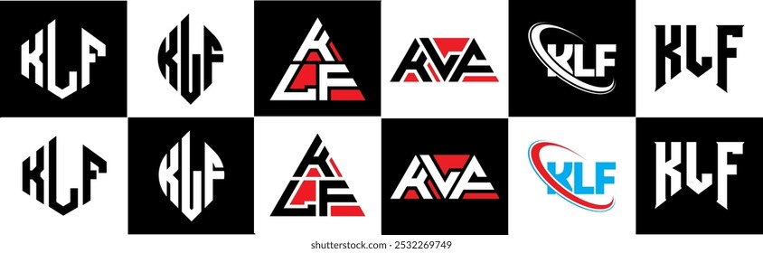 KLF Buchstaben Logo Design im Sechs-Stil. KLF Polygon, Kreis, Dreieck, Sechseck, flach und einfach mit schwarz-weißem Farbvariationsbuchstaben Logo in einem Zeichenbrett gesetzt. KLF minimalistisches und klassisches Logo