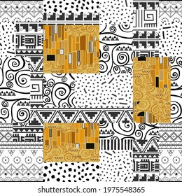 Klimt style fabric patchwork vector seamless pattern