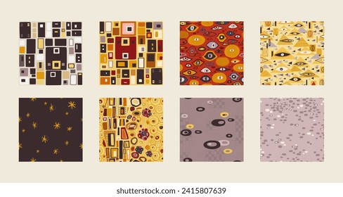 Klimt style inspired abstract seamless patterns bundle, modern art nouveau endless backdrop with geometric shapes, texture for wrapping or digital paper, wallpaper, scrapbooking, textile prints