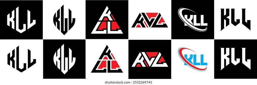 KLL letra logotipo design em estilo seis. KLL polígono, círculo, triângulo, hexágono, plano e estilo simples com preto e branco cor variação letra logotipo definido em uma prancheta. KLL logotipo minimalista e clássico