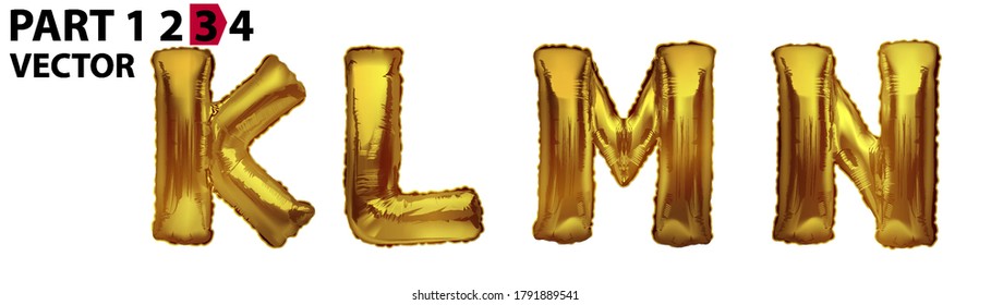 KLMN gold foil letter balloons on white background. Golden alphabet balloon logotype, icon. Metallic Gold KLMN Balloons. Text for children's reading, vector eps