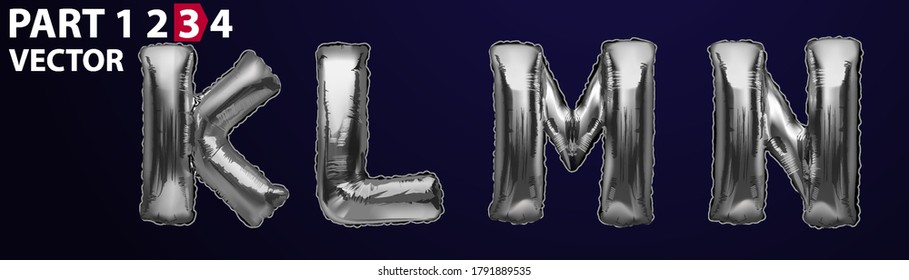 KLMN Silver Foil Letter Balloons On Dark Background. Silver Alphabet Balloon Logotype, Icon. Metallic Silver KLMN Balloons. Text For Children's Reading, Vector Eps