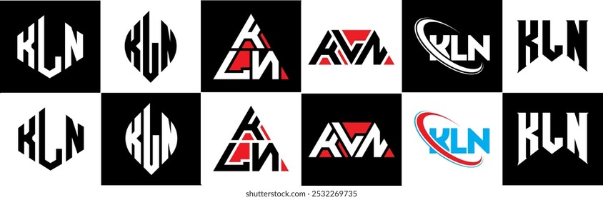 KLN letter logo design in six style. KLN polygon, circle, triangle, hexagon, flat and simple style with black and white color variation letter logo set in one artboard. KLN minimalist and classic logo