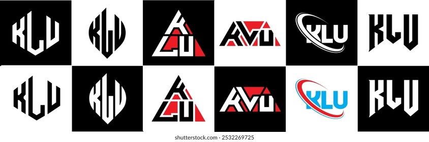KLU letter logo design in six style. KLU polygon, circle, triangle, hexagon, flat and simple style with black and white color variation letter logo set in one artboard. KLU minimalist and classic logo