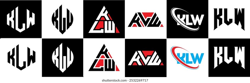 Projeto do logotipo da letra KLW em seis estilo. Polígono KLW, círculo, triângulo, hexágono, plano e estilo simples com logotipo de letra de variação de cor preto e branco definido em uma prancheta. Logotipo minimalista e clássico KLW