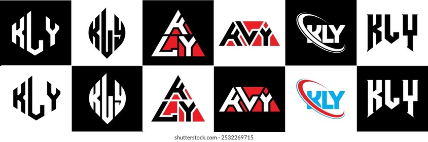 Diseño del logotipo de la letra de KLY en seis estilos. KLY polígono, círculo, triángulo, hexágono, estilo plano y simple con logo de letra de variación de color blanco y negro en una mesa de trabajo. Logotipo minimalista y clásico de KLY