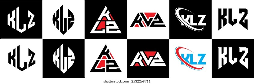 KLZ letter logo design in six style. KLZ polygon, circle, triangle, hexagon, flat and simple style with black and white color variation letter logo set in one artboard. KLZ minimalist and classic logo