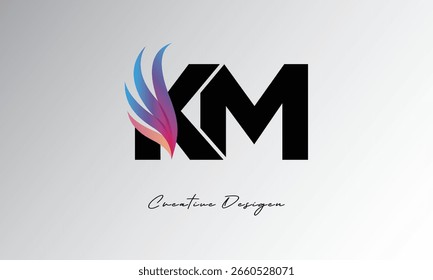 Logotipo KM Feather Gradient – Monograma de ala elegante para marca moderna y diseño de identidad visual