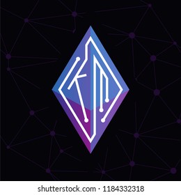 KM Initial letter block chain logo icon vector template. Looping mono line circuit letter on rhombus cube logo