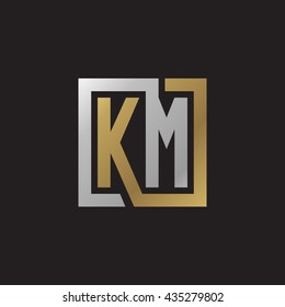 KM initial letters looping linked square elegant logo golden silver black background