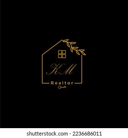 Logo inicial de KM para inmobiliaria con diseño de hogar creativo