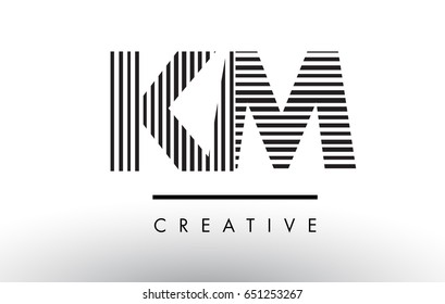 KM K M Black and White Letter Logo Design with Vertical and Horizontal Lines.
